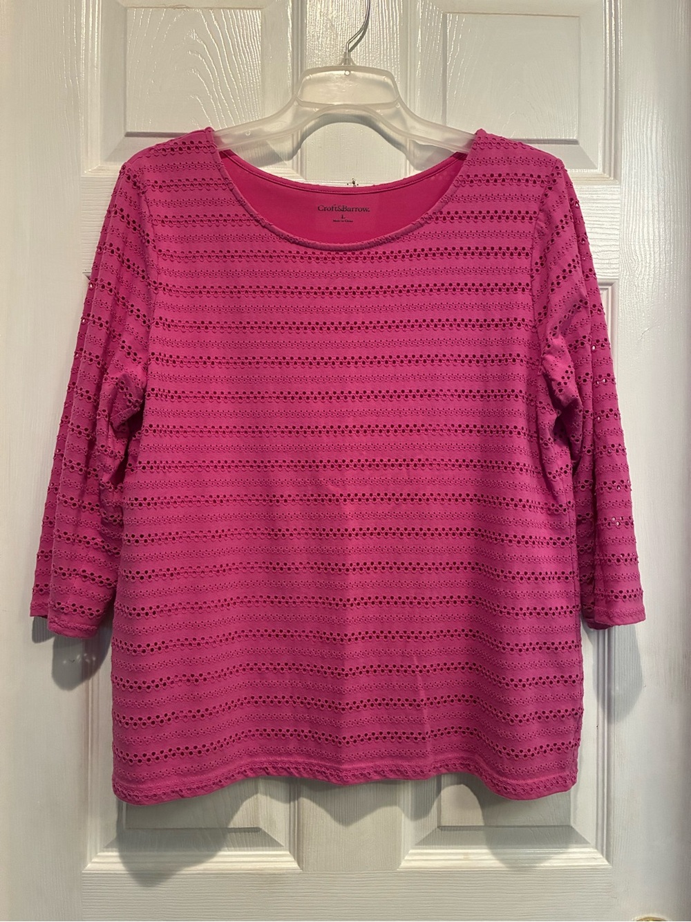 croft & barrow Bright Pink Eyelet Stripe Scoop Neck Three- Quarter Sleeve Top